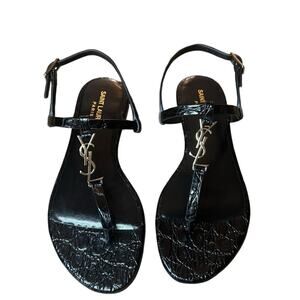 Saint Laurent Cassandra Flat Sandal Black Patent Leather Black NEW EU 36 US 6